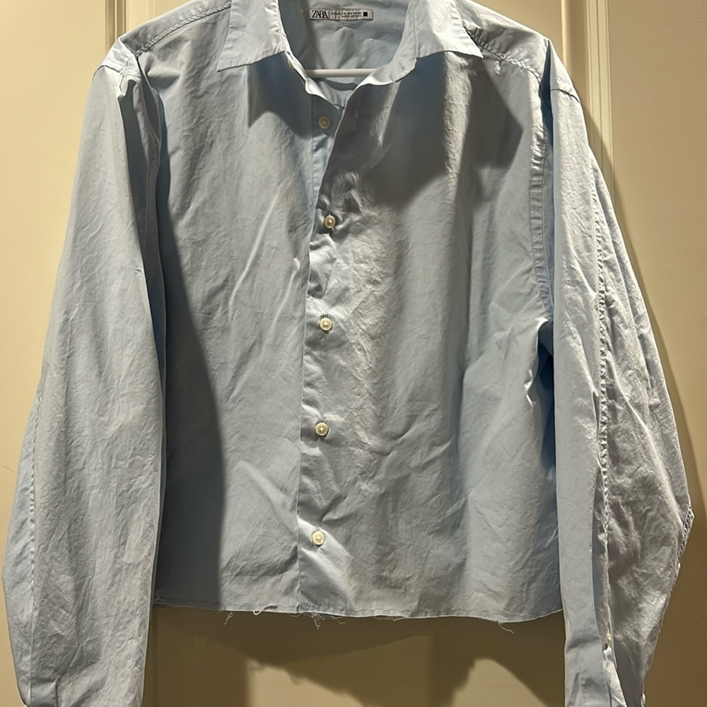 Zara womens oversized Boxy raw hem button down shirt long sleeves size L-XL blue